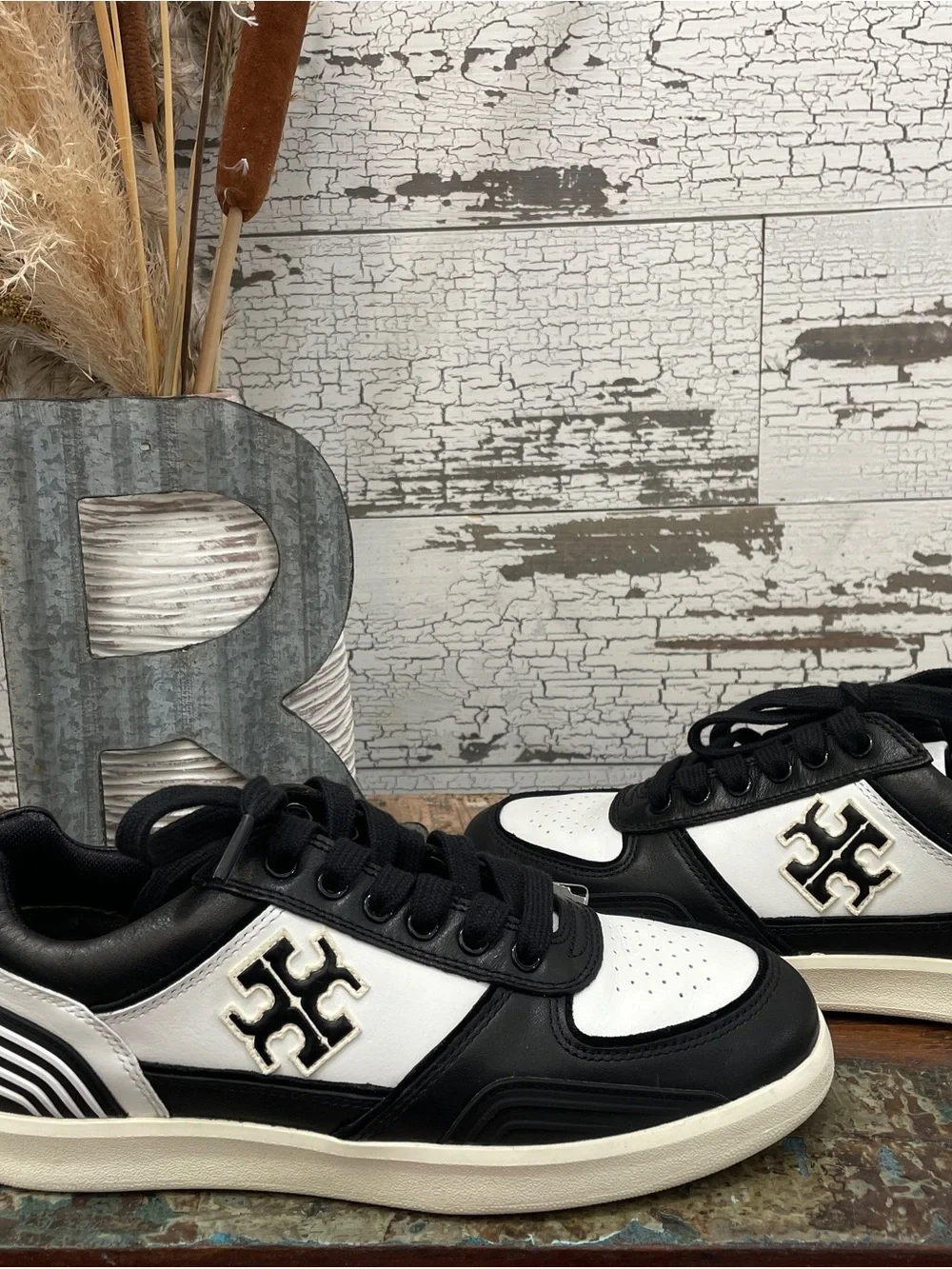 Tory Burch Calf Leather 90’s Black and White Low-Top Logo Sneakers